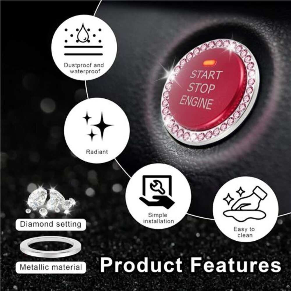 Car Start Button Bling Rhinestone Diamond Engine Button Ring 2-Pack Pink - Picture 5 of 7